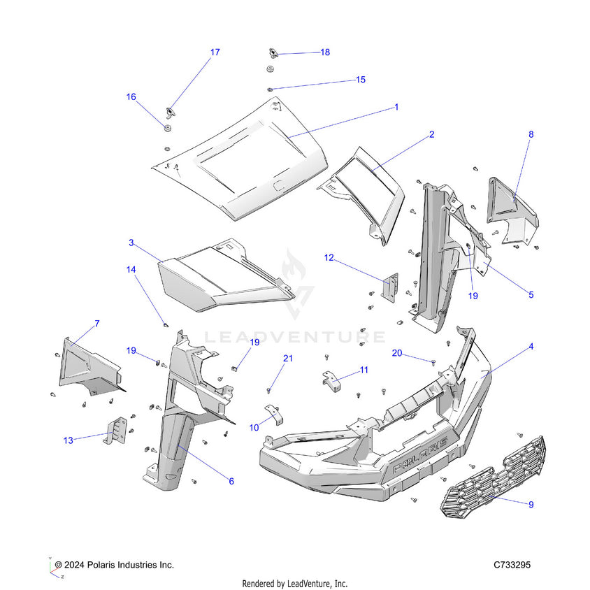 An Image of a Genuine Polaris Parts Schematic Diagram showing the schematic - BODY: HOOD & FRONT FENDERS - 2026 POLARIS RANGER 570 CREW EPS