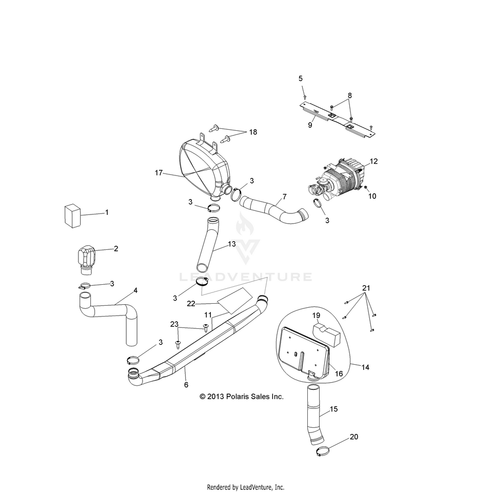 An Image of a Genuine Polaris Parts Schematic Diagram showing the schematic - ENGINE: AIR INTAKE - 2016 POLARIS RANGER 800 6X6