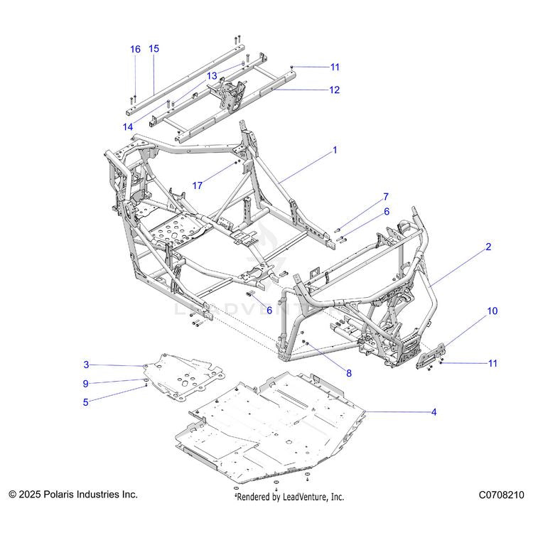 An Image of a Genuine Polaris Parts Schematic Diagram showing the schematic - CHASSIS: MAIN FRAME AND SKID PLATES - 2026 POLARIS GENERAL 1000 SPORT