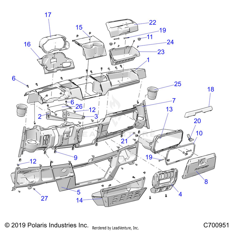 An Image of a Genuine Polaris Parts Schematic Diagram showing the schematic - BODY: DASH - 2020 POLARIS RANGER XP 1000 EPS NORTHSTAR