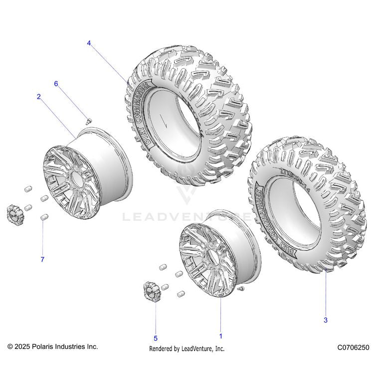 An Image of a Genuine Polaris Parts Schematic Diagram showing the schematic - WHEELS: FRONT &REAR - 2026 POLARIS GENERAL 1000 SPORT