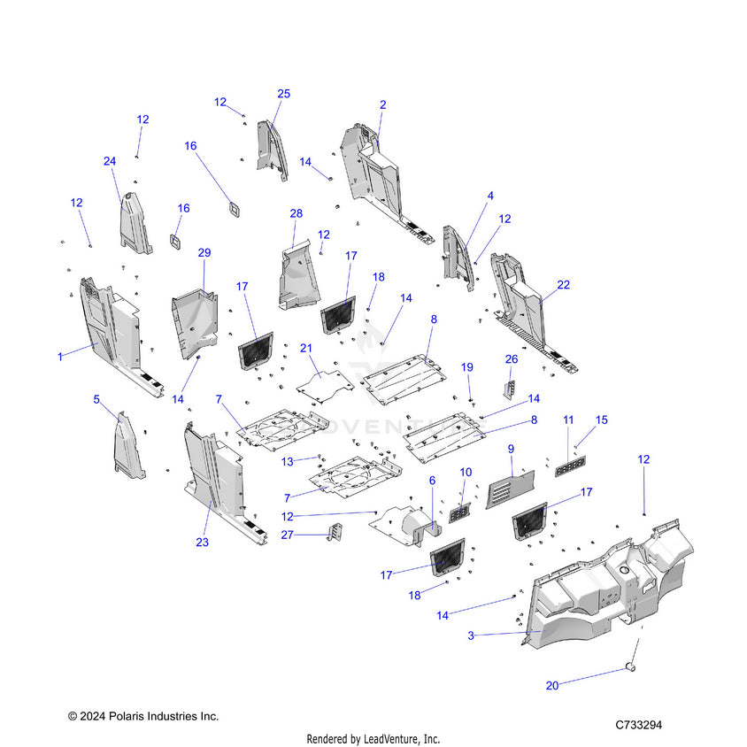 An Image of a Genuine Polaris Parts Schematic Diagram showing the schematic - BODY: FLOOR & ROCKERS - 2024 POLARIS RANGER 570 CREW NORTHSTAR