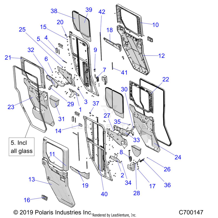 An Image of a Genuine Polaris Parts Schematic Diagram showing the schematic - BODY: DOOR REAR FULL - 2019 POLARIS RANGER CREW XP 1000 NORTHSTAR RIDE COMMAND