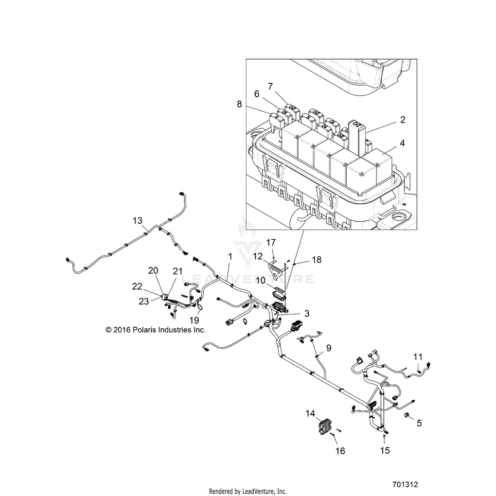 An Image of a Genuine Polaris Parts Schematic Diagram showing the schematic - ELECTRICAL: WIRE HARNESSES - 2017 POLARIS RANGER CREW 570 FULL SIZE
