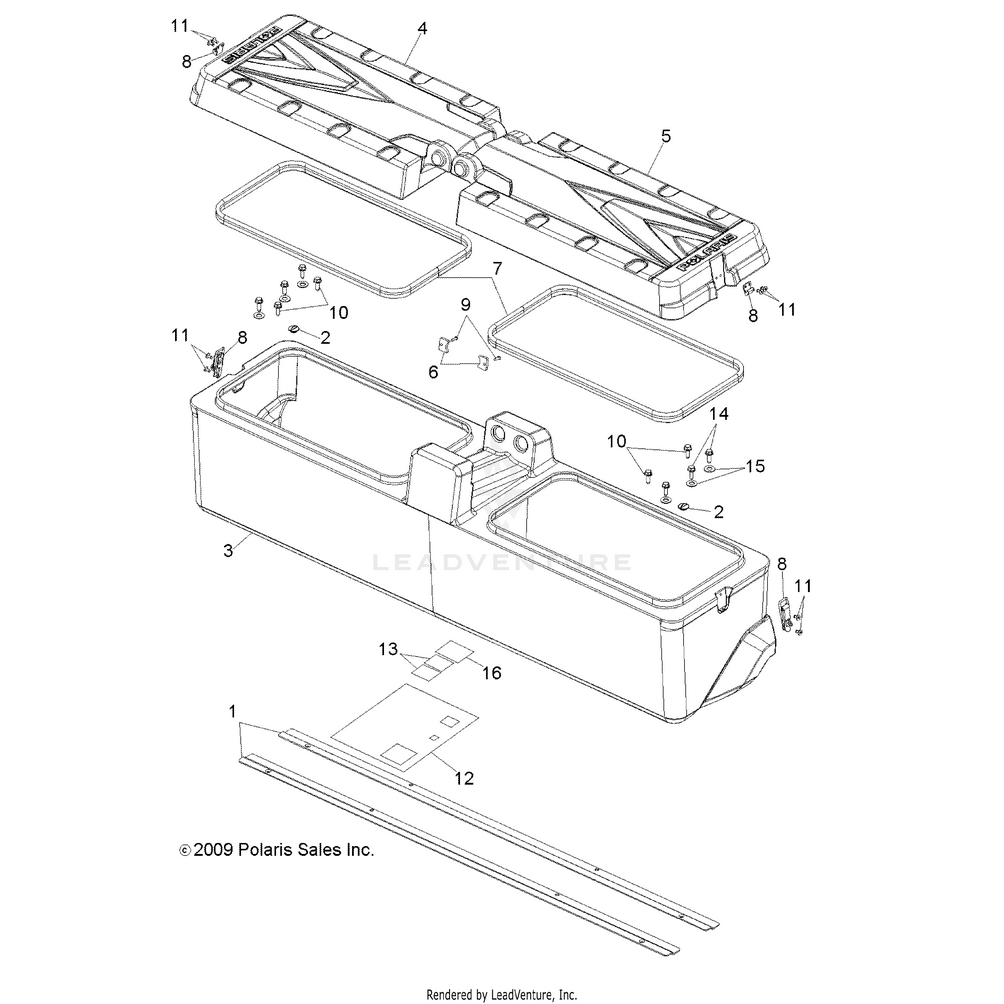 An Image of a Genuine Polaris Parts Schematic Diagram showing the schematic - BODY: STORAGE BOX REAR - 2015 POLARIS RANGER 800 6X6