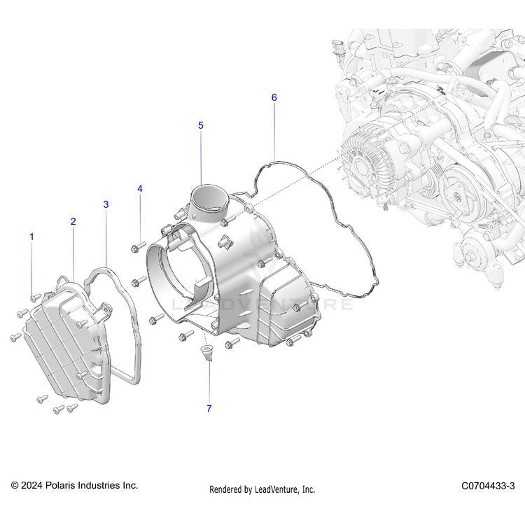 An Image of a Genuine Polaris Parts Schematic Diagram showing the schematic - ENGINE: COVERS ALTERNATOR AND COMPRESSOR - 2024 POLARIS XPEDITION ADV NORTHSTAR