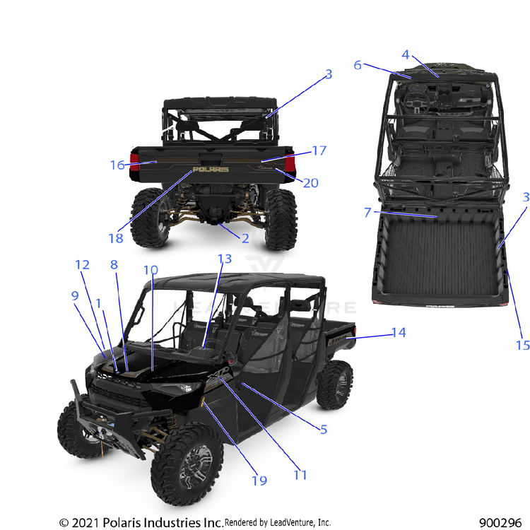 An Image of a Genuine Polaris Parts Schematic Diagram showing the schematic - BODY: DECALS - 2021 POLARIS RANGER CREW XP 1000 EPS TEXAS EDITION CA