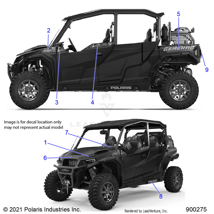 An Image of a Genuine Polaris Parts Schematic Diagram showing the schematic - BODY: DECALS - 2021 POLARIS GENERAL XP 4 1000 HUNTER
