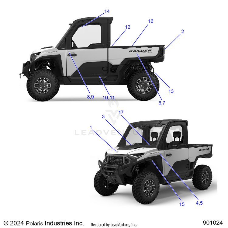 An Image of a Genuine Polaris Parts Schematic Diagram showing the schematic - BODY: DECALS - 2025 POLARIS RANGER XD 1500 NORTHSTAR