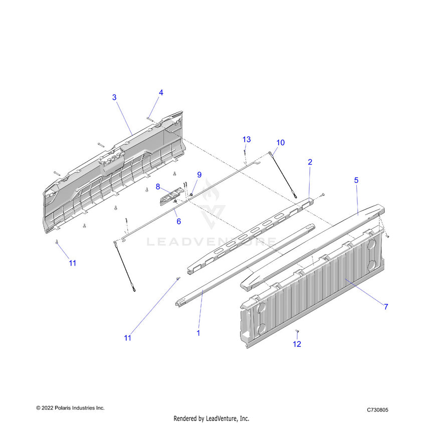 An Image of a Genuine Polaris Parts Schematic Diagram showing the schematic - BODY: BOX TAILGATE - 2025 POLARIS RANGER 1000 XP CREW WATERFOWL