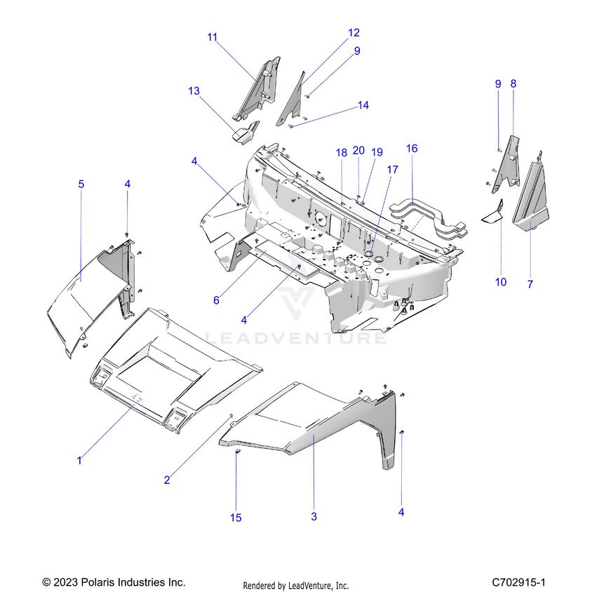 An Image of a Genuine Polaris Parts Schematic Diagram showing the schematic - BODY: HOOD/FRONT FENDERS/A PILLARS - 2024 POLARIS XPEDITION ADV ULTIMATE
