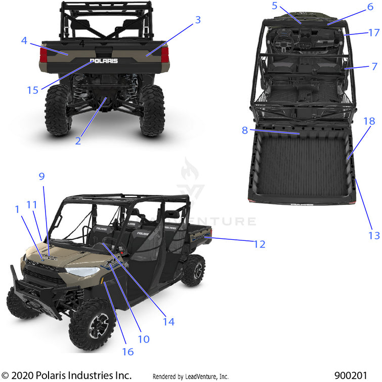 An Image of a Genuine Polaris Parts Schematic Diagram showing the schematic - BODY: DECALS - 2021 POLARIS RANGER CREW XP 1000 RIDE COMMAND