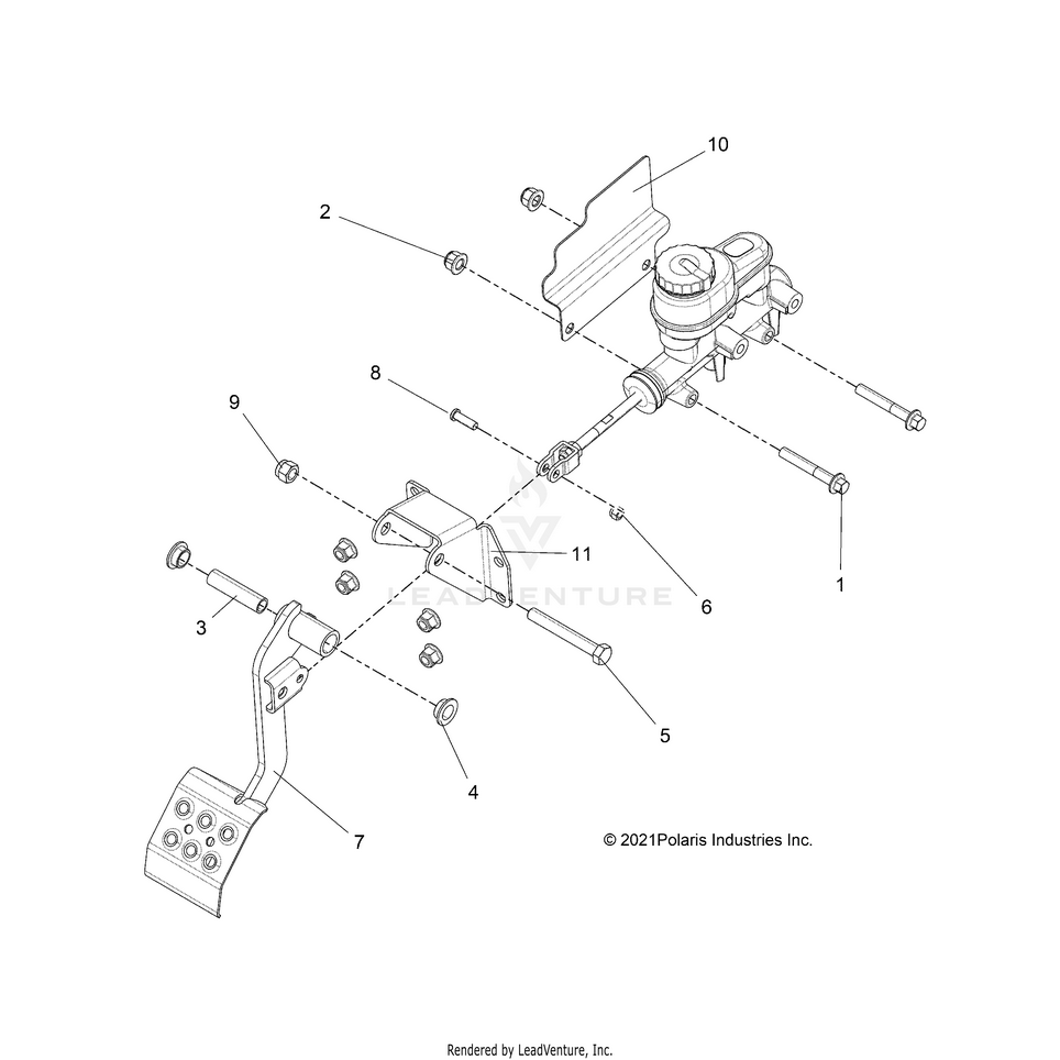 An Image of a Genuine Polaris Parts Schematic Diagram showing the schematic - BRAKES: PEDAL & MASTER CYLINDER MOUNTING - 2022 POLARIS RANGER EV