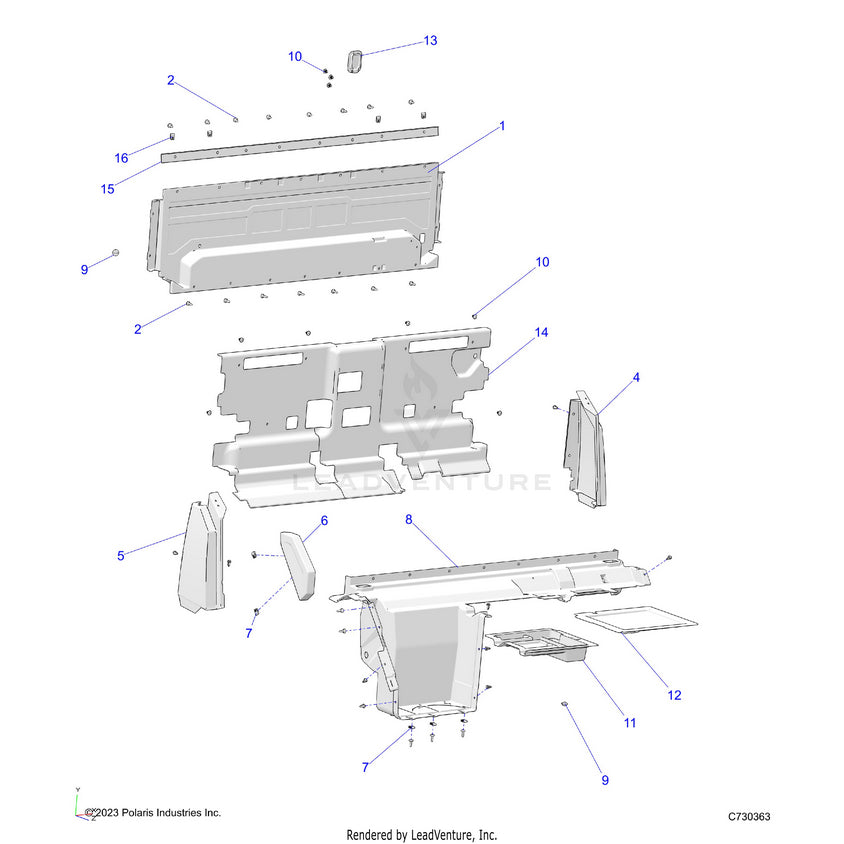An Image of a Genuine Polaris Parts Schematic Diagram showing the schematic - BODY: REAR CLOSEOFF & FENDERS - 2023 POLARIS RANGER EV FULL SIZE ULTIMATE