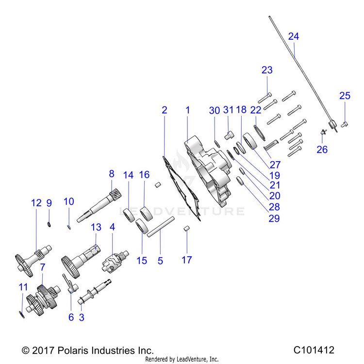 An Image of a Genuine Polaris Parts Schematic Diagram showing the schematic - DRIVE TRAIN: MAIN GEARCASE - 2025 POLARIS RANGER 150 EFI MD