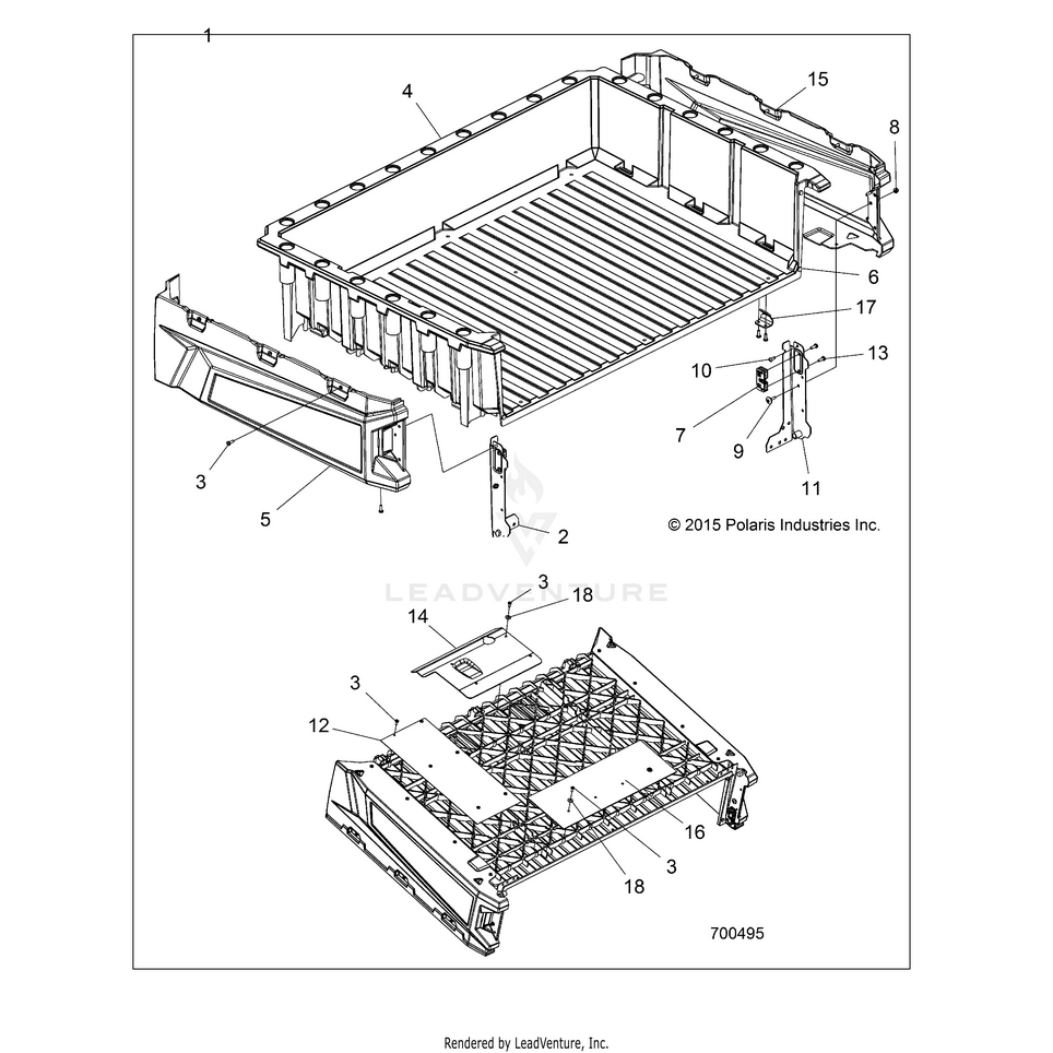 An Image of a Genuine Polaris Parts Schematic Diagram showing the schematic - BODY: BOX - 2017 POLARIS RANGER 570 FULL SIZE