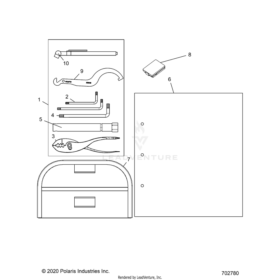 An Image of a Genuine Polaris Parts Schematic Diagram showing the schematic - REFERENCE: TOOL KIT & OWNERS MANUAL - 2021 POLARIS RANGER CREW 1000 EPS