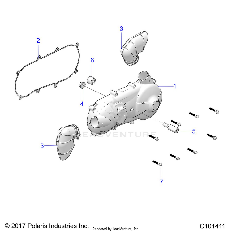 An Image of a Genuine Polaris Parts Schematic Diagram showing the schematic - DRIVE TRAIN: CLUTCH COVER & DUCTING - 2025 POLARIS RANGER 150 EFI MD