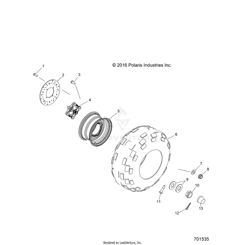 An Image of a Genuine Polaris Parts Schematic Diagram showing the schematic - WHEELS: REAR - 2019 POLARIS RANGER 500 2WD HDPE