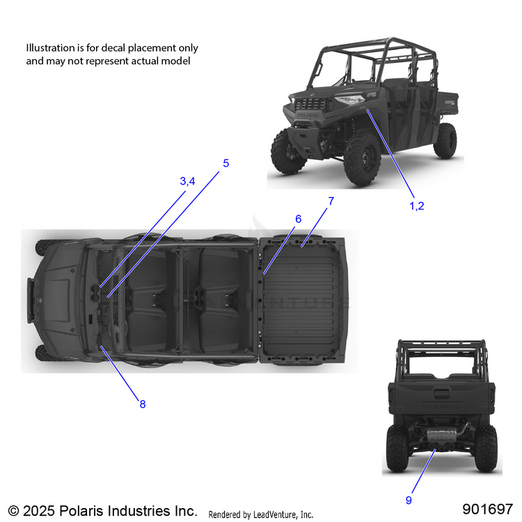 An Image of a Genuine Polaris Parts Schematic Diagram showing the schematic - BODY: DECALS GENERAL - 2026 POLARIS RANGER 570 CREW