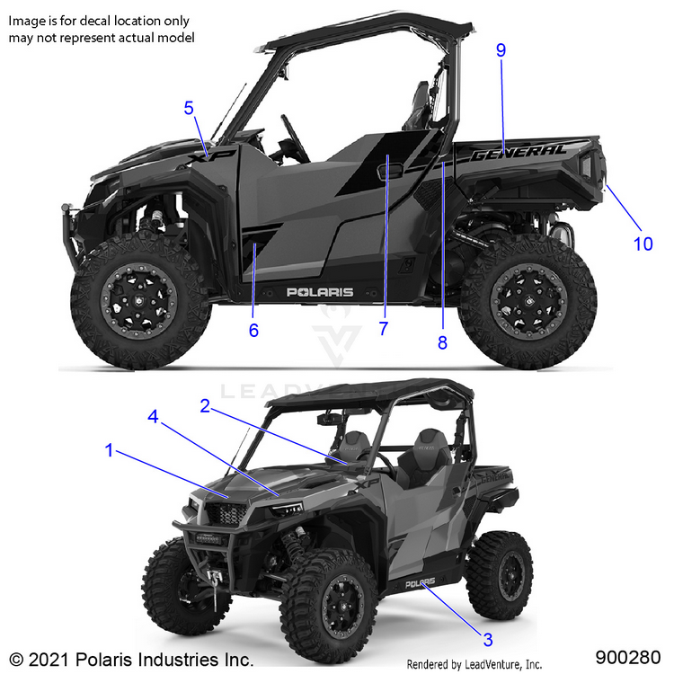 An Image of a Genuine Polaris Parts Schematic Diagram showing the schematic - BODY: DECALS - 2021 POLARIS GENERAL XP 1000 DELUXE RIDE COMMAND TRAIL