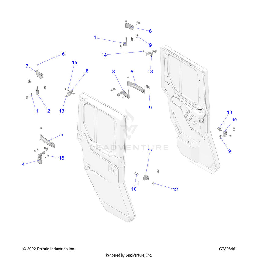 An Image of a Genuine Polaris Parts Schematic Diagram showing the schematic - BODY: DOOR REAR MOUNTING - 2023 POLARIS RANGER CREW XP 1000 NORTHSTAR