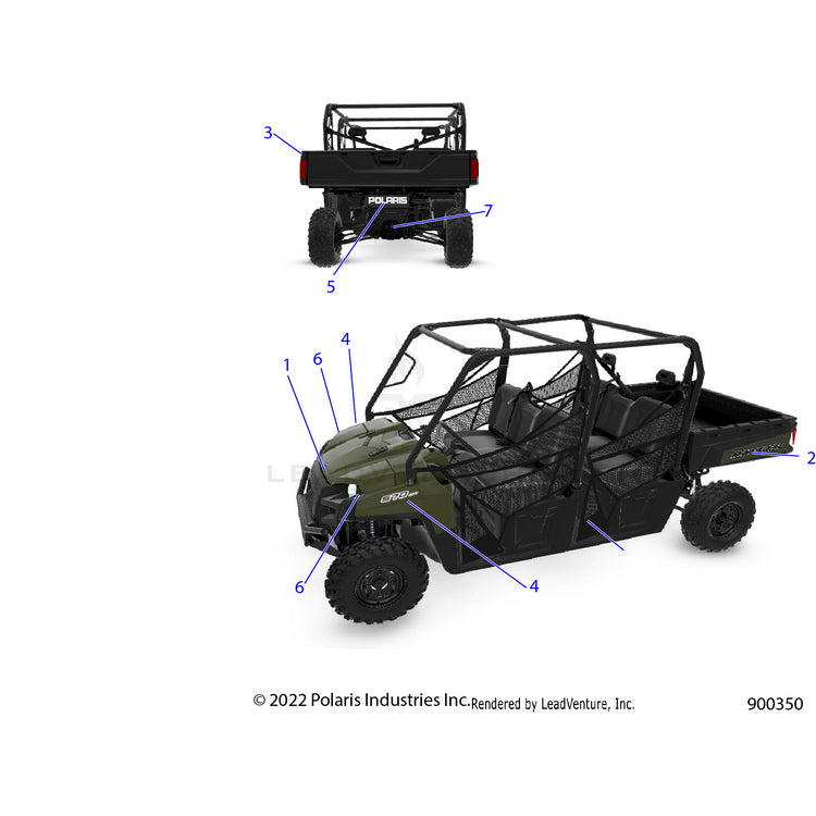 An Image of a Genuine Polaris Parts Schematic Diagram showing the schematic - BODY: DECALS GRAPHICS - 2022 POLARIS RANGER CREW 570 FULL SIZE