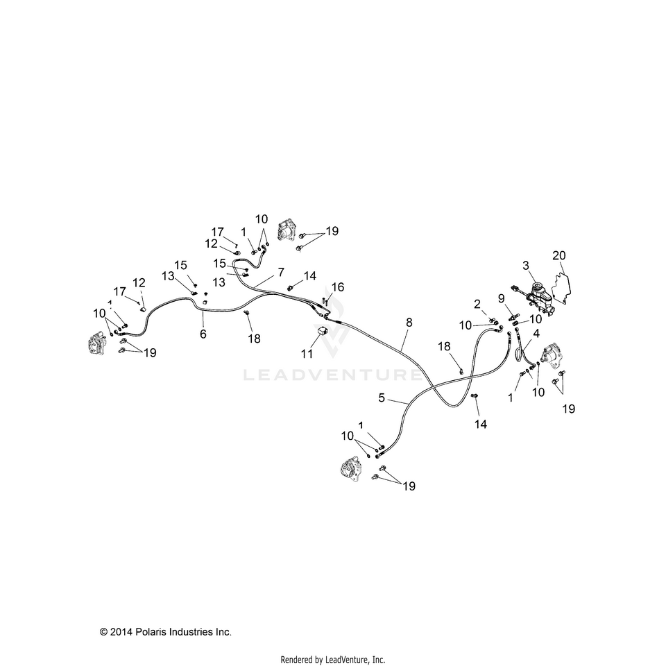 An Image of a Genuine Polaris Parts Schematic Diagram showing the schematic - BRAKES: BRAKE LINES & MASTER CYLINDER - 2017 POLARIS RANGER 570 EPS HDPE
