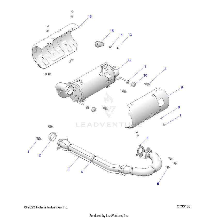 An Image of a Genuine Polaris Parts Schematic Diagram showing the schematic - ENGINE: EXHAUST SYSTEM - 2025 POLARIS RANGER 570 CREW
