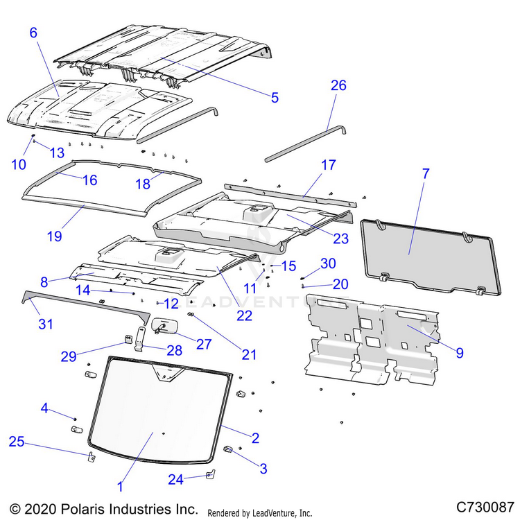 An Image of a Genuine Polaris Parts Schematic Diagram showing the schematic - BODY: ROOF & CAB - 2020 POLARIS RANGER CREW XP 1000 EPS NORTHSTAR