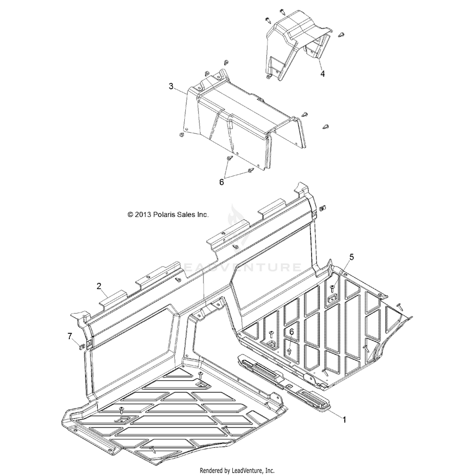 An Image of a Genuine Polaris Parts Schematic Diagram showing the schematic - BODY: FLOOR - 2015 POLARIS RANGER HST