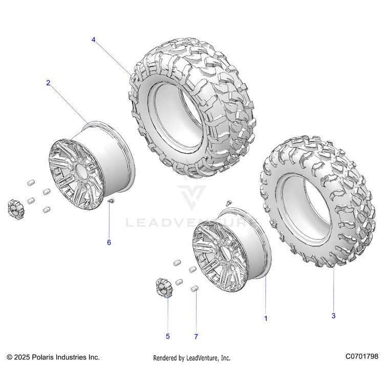 An Image of a Genuine Polaris Parts Schematic Diagram showing the schematic - WHEELS: FRONT &REAR - 2025 POLARIS GENERAL 1000 PREMIUM