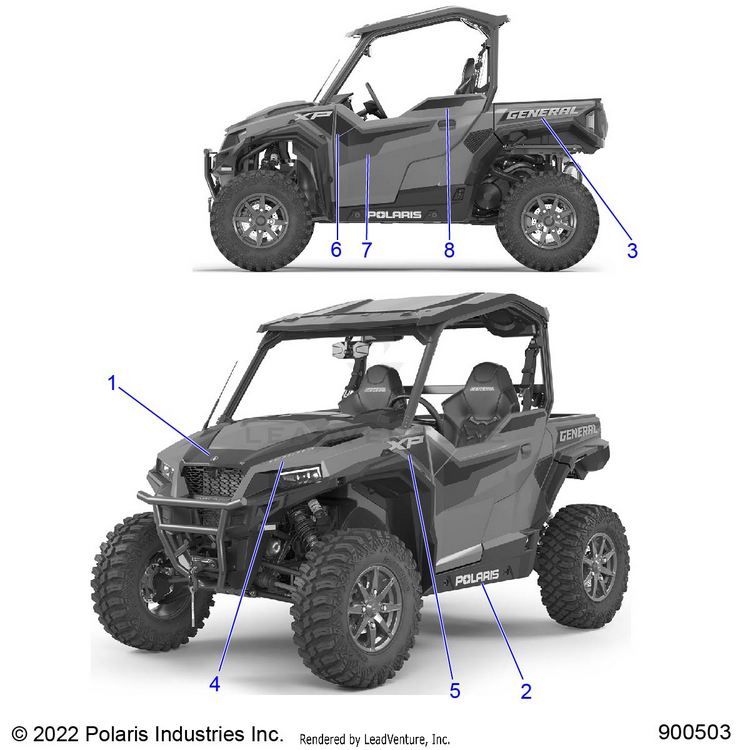An Image of a Genuine Polaris Parts Schematic Diagram showing the schematic - BODY: DECALS - 2023 POLARIS GENERAL XP 1000 PREMIUM