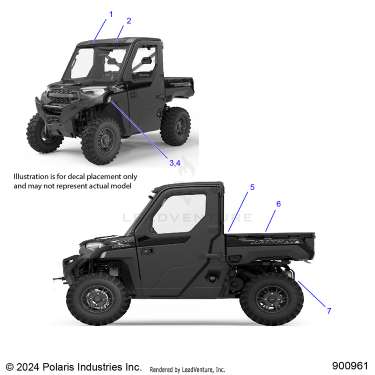 An Image of a Genuine Polaris Parts Schematic Diagram showing the schematic - BODY: DECAL GENERAL - 2025 POLARIS RANGER 1000 XP NORTHSTAR PREMIUM TIP OUT WINDSHIELD