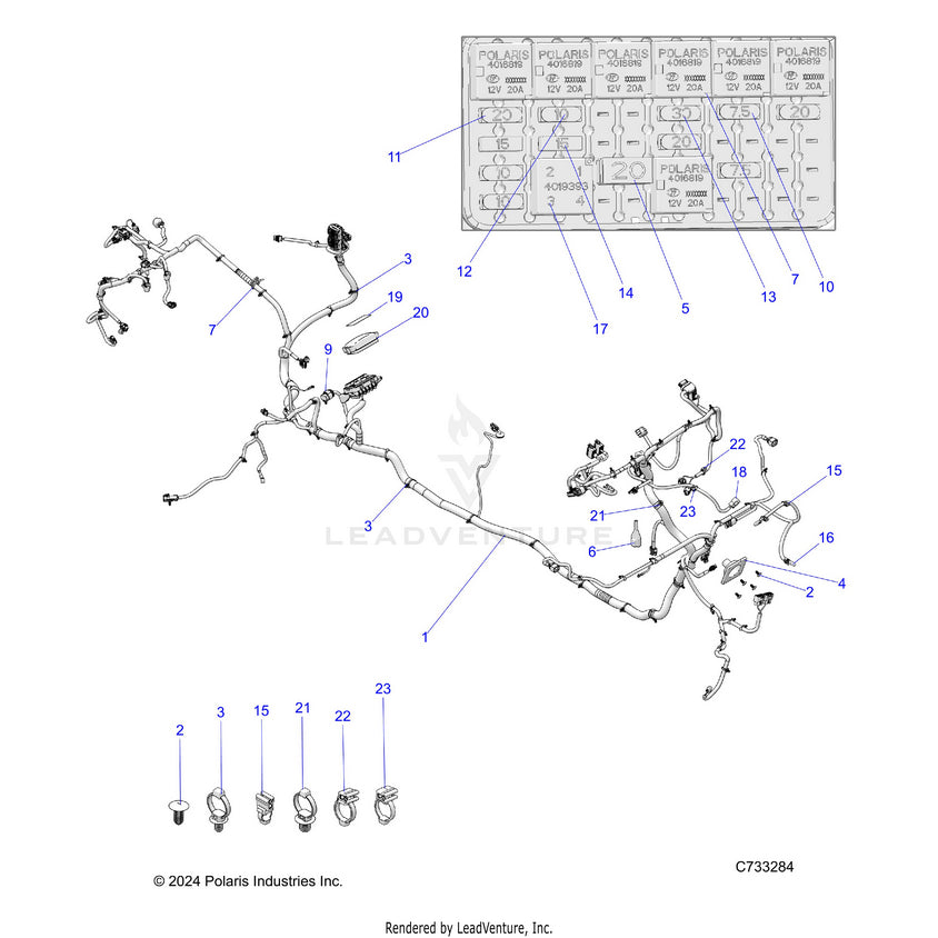 An Image of a Genuine Polaris Parts Schematic Diagram showing the schematic - ELECTRICAL: WIRE HARNESS - 2025 POLARIS RANGER 1000 XP CREW WATERFOWL