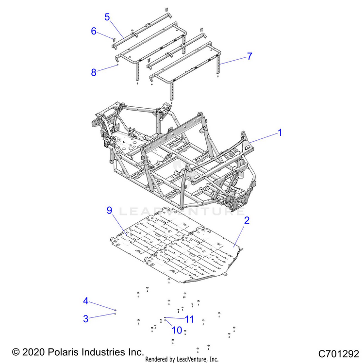 An Image of a Genuine Polaris Parts Schematic Diagram showing the schematic - CHASSIS: MAIN FRAME & SKID PLATES - 2024 POLARIS RANGER 1000 CREW