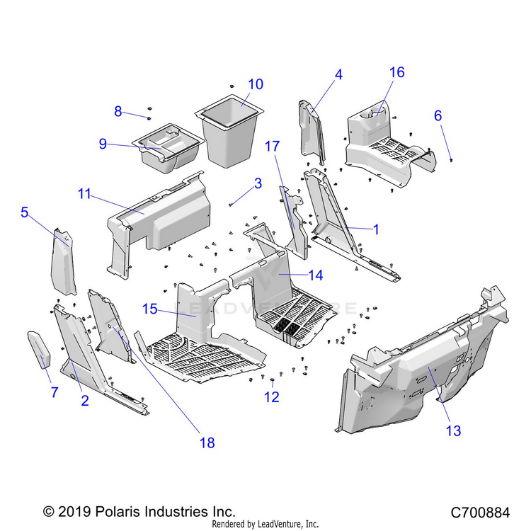 An Image of a Genuine Polaris Parts Schematic Diagram showing the schematic - BODY: FRONT FLOOR & ROCKERS - 2020 POLARIS RANGER CREW XP 1000 FACTORY CHOICE