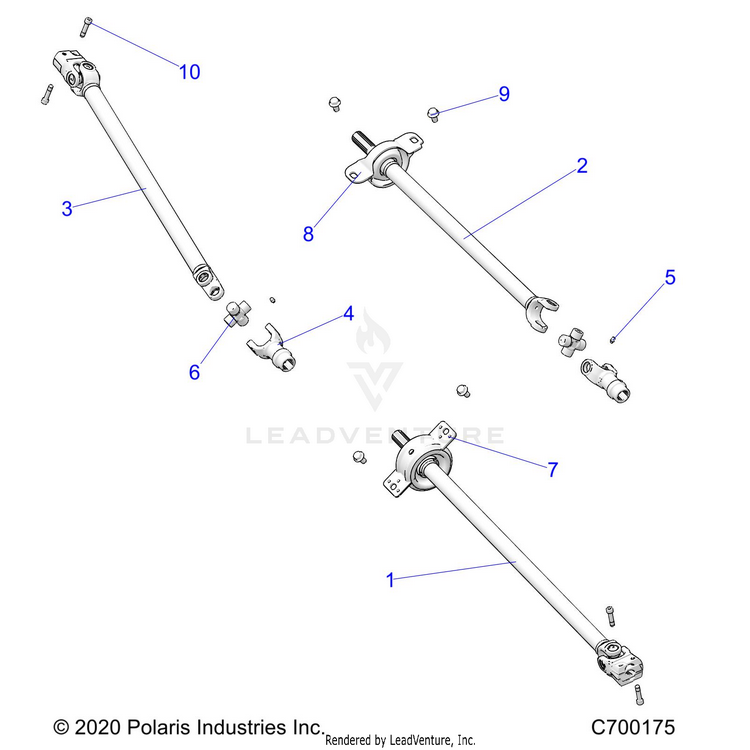 An Image of a Genuine Polaris Parts Schematic Diagram showing the schematic - DRIVE TRAIN: FRONT MID REAR PROP SHAFT - 2022 POLARIS RANGER CREW XP 1000 TRAIL BOSS EVAP