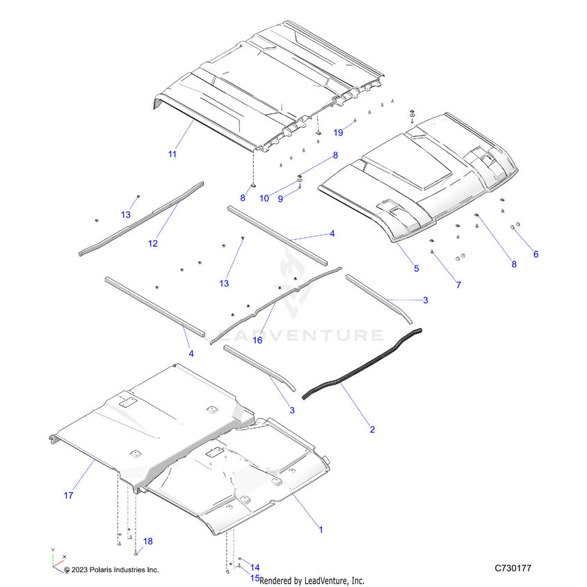 An Image of a Genuine Polaris Parts Schematic Diagram showing the schematic - BODY: ROOF LINER & SEALS - 2025 POLARIS RANGER 570 CREW NORTHSTAR