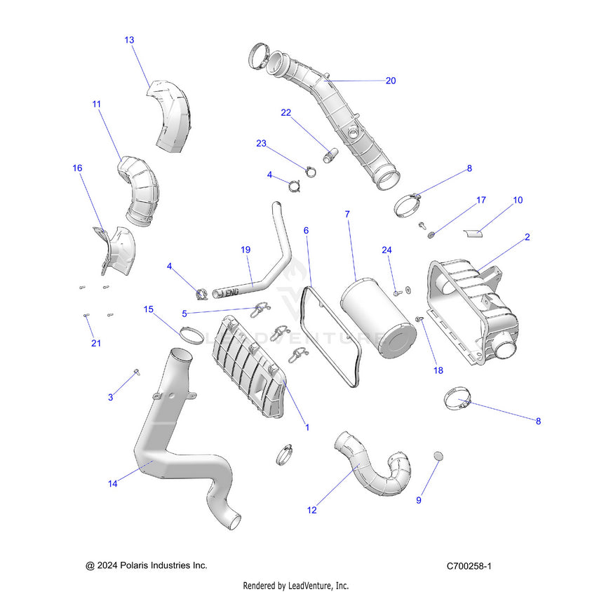 An Image of a Genuine Polaris Parts Schematic Diagram showing the schematic - ENGINE: AIR INTAKE SYSTEM - 2025 POLARIS RANGER 1000 XP CREW WATERFOWL