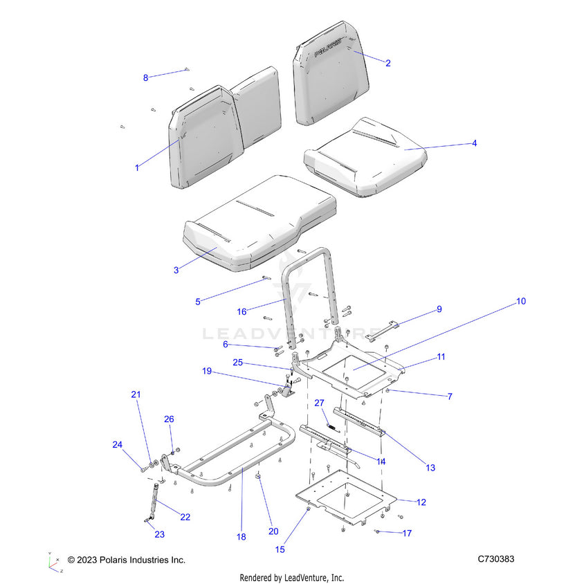 An Image of a Genuine Polaris Parts Schematic Diagram showing the schematic - BODY: SEAT & SLIDER - 2023 POLARIS RANGER EV FULL SIZE PREMIUM