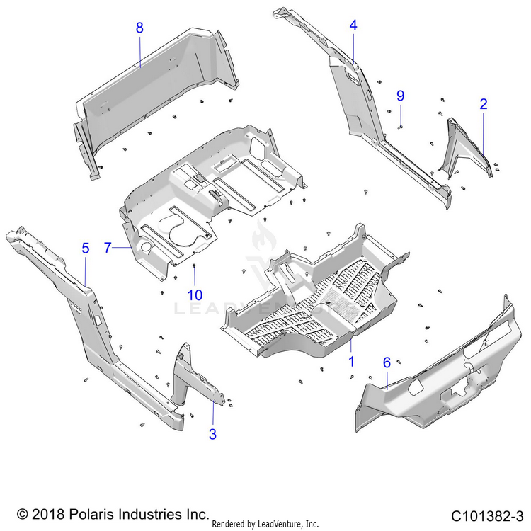 An Image of a Genuine Polaris Parts Schematic Diagram showing the schematic - BODY: FLOOR & ROCKER PANELS - 2025 POLARIS RANGER 150 EFI