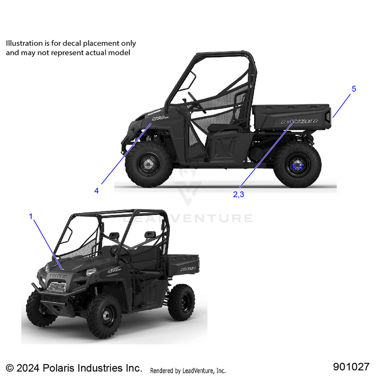 An Image of a Genuine Polaris Parts Schematic Diagram showing the schematic - BODY: DECALS GRAPHICS - 2025 POLARIS RANGER 570 FULL SIZE