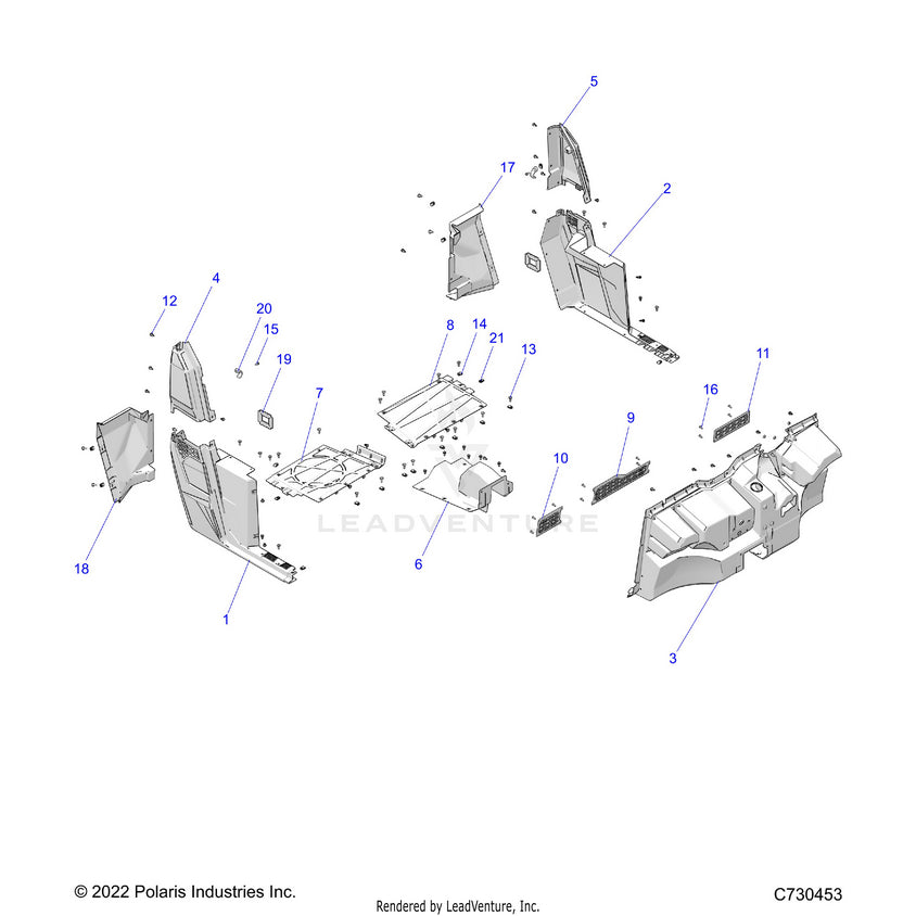 An Image of a Genuine Polaris Parts Schematic Diagram showing the schematic - BODY: FLOOR & ROCKERS - 2023 POLARIS RANGER 570 / PREMIUM