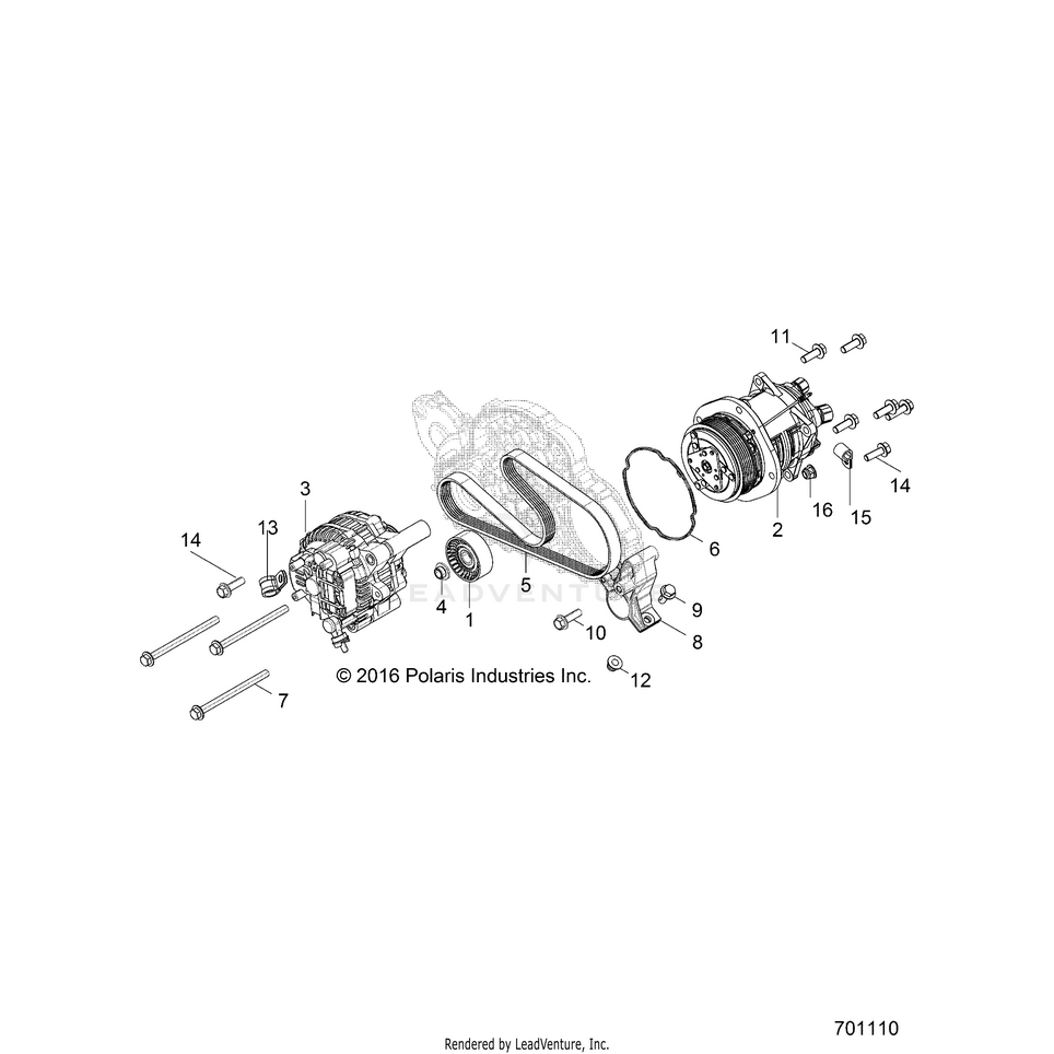 An Image of a Genuine Polaris Parts Schematic Diagram showing the schematic - ENGINE: ALTERNATOR & COMPRESSOR - 2018 POLARIS RANGER CREW 1000 EPS