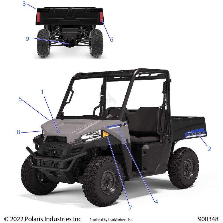 An Image of a Genuine Polaris Parts Schematic Diagram showing the schematic - BODY: DECALS GRAPHICS - 2022 POLARIS RANGER EV