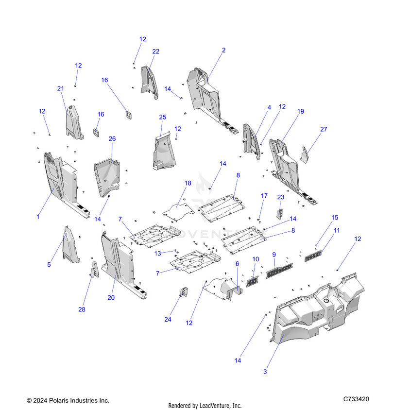 An Image of a Genuine Polaris Parts Schematic Diagram showing the schematic - BODY: FLOOR & ROCKERS - 2025 POLARIS RANGER 570 CREW