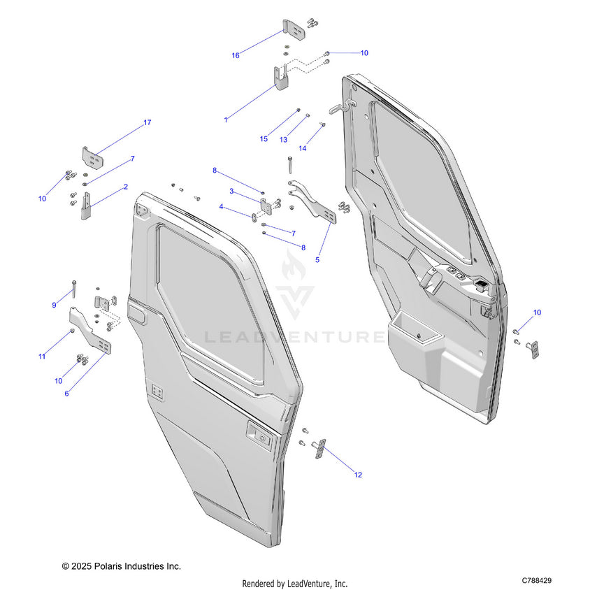 An Image of a Genuine Polaris Parts Schematic Diagram showing the schematic - BODY: DOOR FRONT MOUNTING - 2025 POLARIS RANGER 1000 XP CREW NORTHSTAR PREMIUM