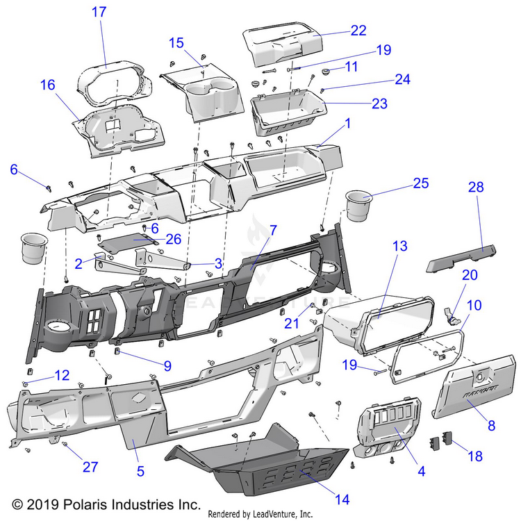 An Image of a Genuine Polaris Parts Schematic Diagram showing the schematic - BODY: DASH STD - 2020 POLARIS RANGER CREW XP 1000 FACTORY CHOICE