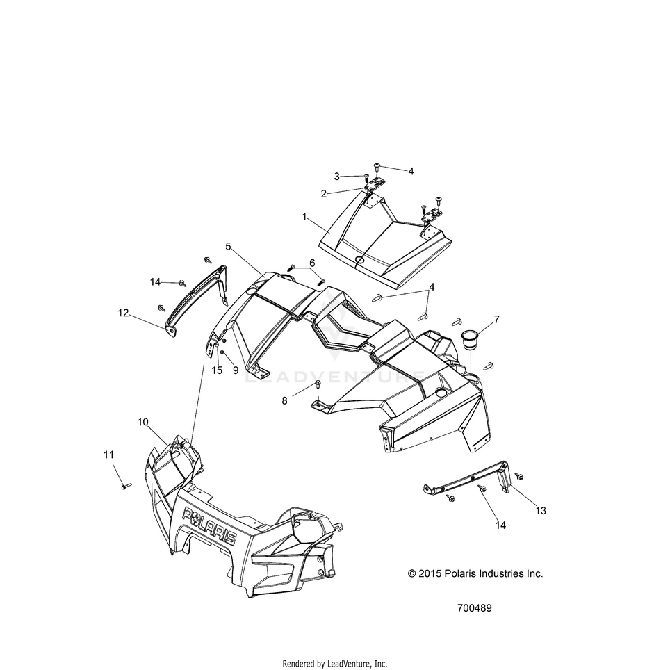 An Image of a Genuine Polaris Parts Schematic Diagram showing the schematic - BODY: HOOD & FRONT FASCIA - 2016 POLARIS RANGER 570 FULL SIZE